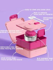 Bento Box For Adult, Leakproof Lunch Box With 8.5oz Insulated Food Jar, Utensils & Sauce Jar, Dishwasher Safe 3 Or 4 Compartment Container For  School, Work, Travel, Or Picnic