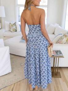 Womens 2 Piece Maxi Skirt Set Y2k Lace Up Halter Neck Tops And Flowy Long Skirt Summer Backless Beach Outfits - Màu xanh lam - Xem 4