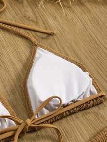 2025 New European Conservative Style 4-Piece Set, Solid Color V-Neck Long Sleeve Contrast Mesh Bikini Swimsuit For Women