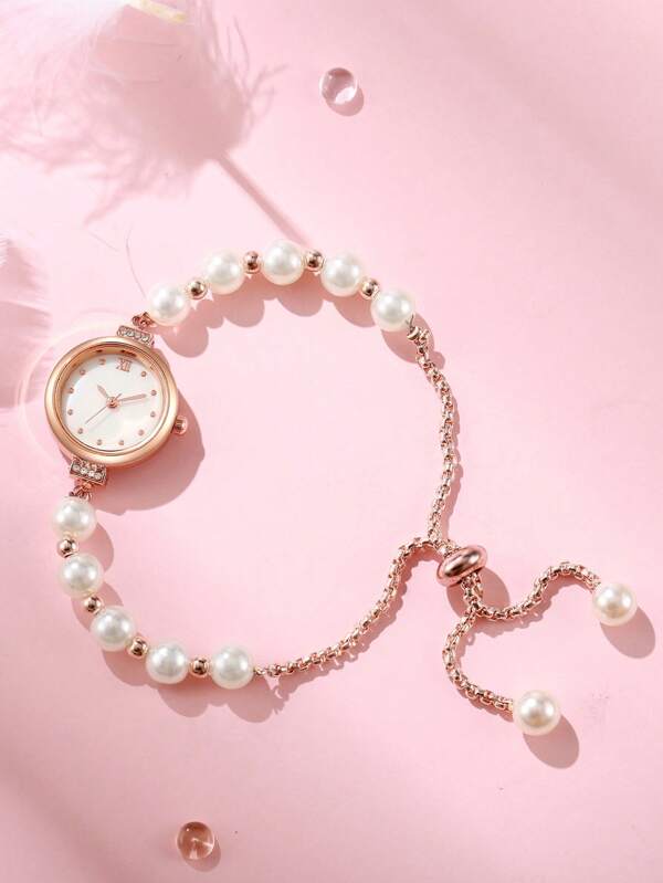 1 pieza Reloj de mujer con esfera de textura de madreperla, caja chapada en oro rosa con cuentas blancas y cadena de jalón, elegante reloj de cuarzo, adecuado para decoración de fiestas