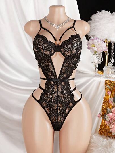 Body sexy in pizzo floreale traforato - Spalline sottili regolabili con ciondolo a forma di cuore dorato, biancheria intima sexy per donne, look da