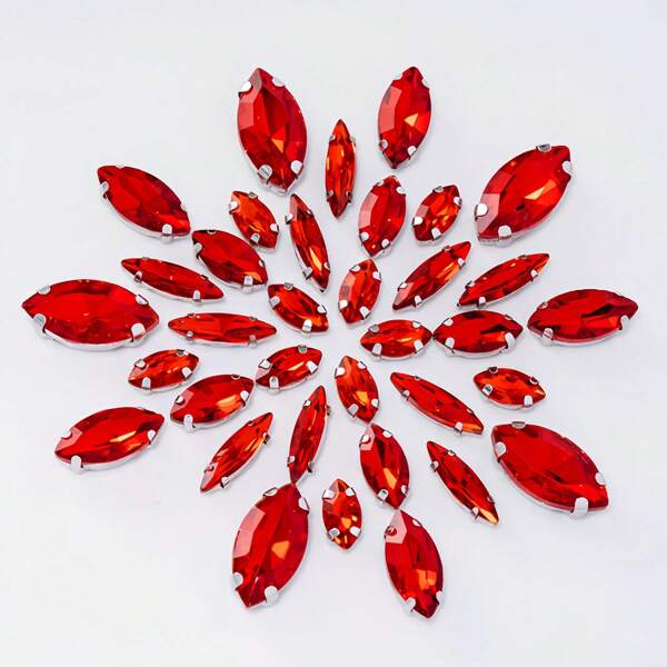 50pcs Red Black Blue Mix Size Marquise Shape Shiny Sew On Claw Rhinestones Navette Shape Slivery Base Crystal Gems For Garment Bags Shoes Home Decor Wedding Birthday Party Christmas DIY Crafts