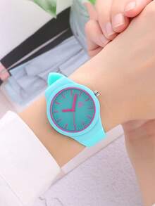 1 pieza Reloj de cuarzo unisex de diseño clásico negro de silicona y redondo - Verde - Ver 2