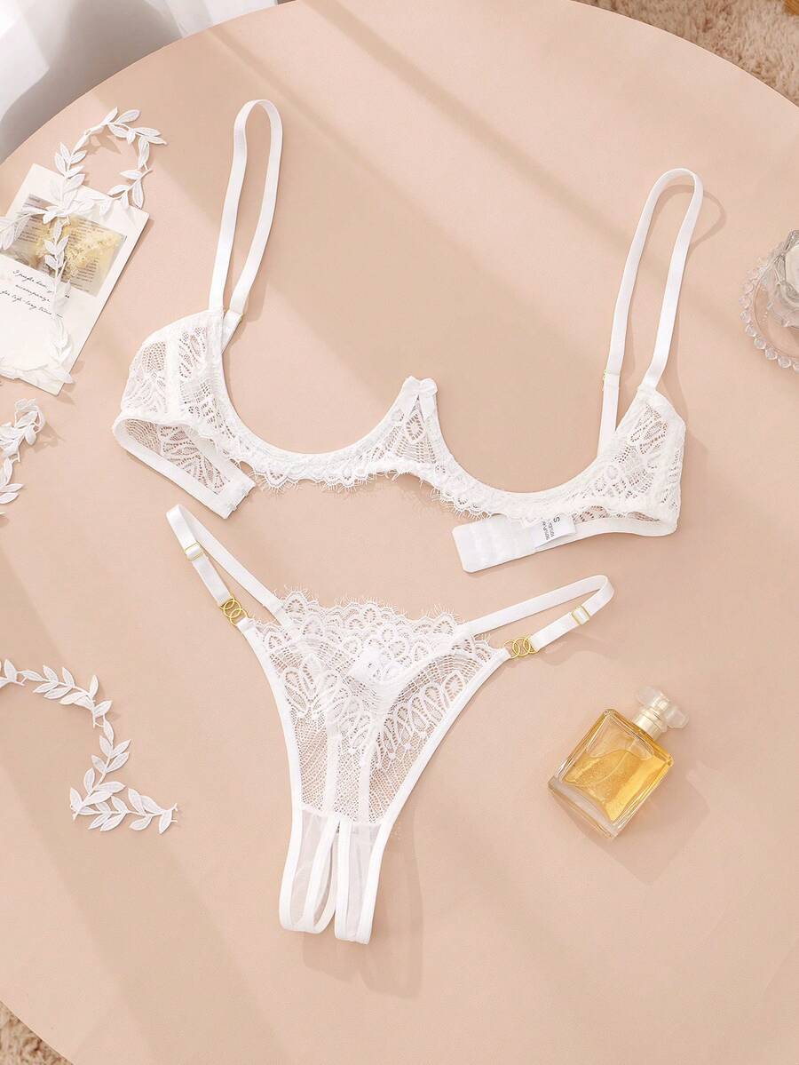 性感内衣，时尚粉色花朵蕾丝内衣套装，无罩杯文胸和内裤 - 白色 - 查看 1