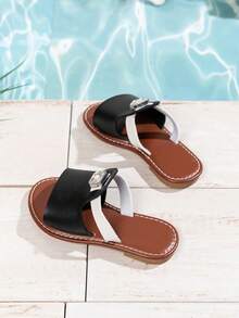 1 Pair Girls Open Toe Breathable Flat Sandals, Round Toe, Fashionable & Cute Roman Style, Suitable For 3-12 Years Old Kids, Fit For Holiday, Party, Summer - Black - View 2