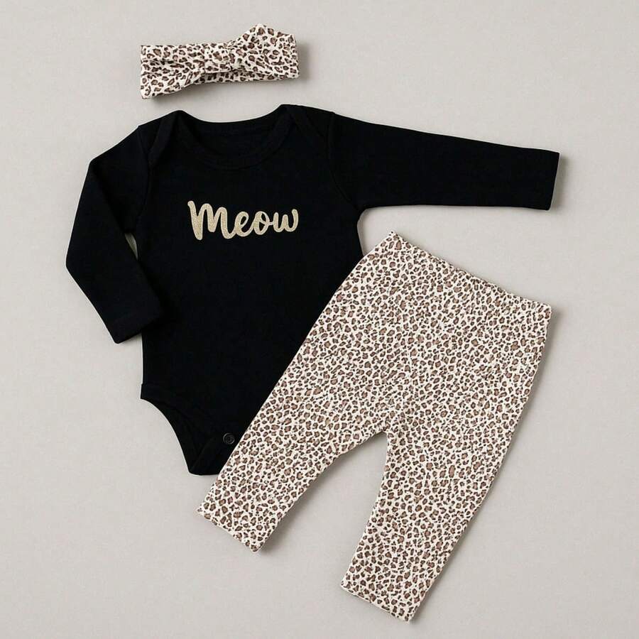 Sempre Bebê Baby Girl Clothing Set Long Sleeve Bodysuit With Pants And Headband Blogueirinha Diva Kitten Leopard Print Bow Outfit Winter Cold Weather Set Meow Leopard Print - 金色 - 查看 1