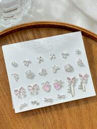 11 Pairs Cat's Eye Stud Earrings Set With Shallow-Colored Bow, Glitter Pink Earrings, Zinc Alloy Rhinestone Earrings, Fashionable & Suitable For Daily Wear, A Gift For Girlfriend