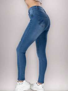 Vaqueros, primavera, verano, otoño e invierno, leggings con cremallera frontal y botones de color azul liso para mujer, vaqueros lavados
