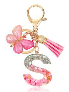 Personalized Bling Monogram Keychain For Women - Resin Letter Charm With Silvery Glitter, Pink Pebble & Gold Star Shaker - Birthday Gifts For Her, Anniversary Present With Pink Tassel & Butterfly Accent Car Accessories Bag Charm School Cute Goth Y2k - Pink - View 22
