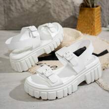 Women's New Round Toe Sandals, Thick Sole Soft Bottom Soft Leather Comfortable Non-Slip Casual Versatile Open Toe, Plus Size 43 Roman Style Sandals - White - View 4