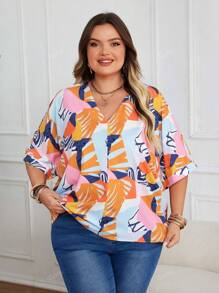 Plus Size Women V-Neck Printed Short Sleeve Tops, Casual Summer Holiday Wear