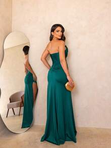 Luxury Strapless Long Dress For Parties Bridesmaid Style With Zipper And T/Elastic Cup Simple Sexy Party Zipper Side Opening Backless - màu xanh ngọc lục bảo - Xem 4