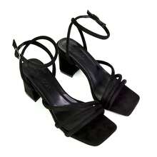 XY LONDON Trixie Women's Strappy Mid Block Heel Sandals, Square Toe, Buckle, Ankle Strap, Synthetic Leather, Suedette, Silver Metallic, Hot Pink, Orange, Black, White, Cool, Fashionable, Nightclub Style, Sexy, Spring Summer - Black - View 4