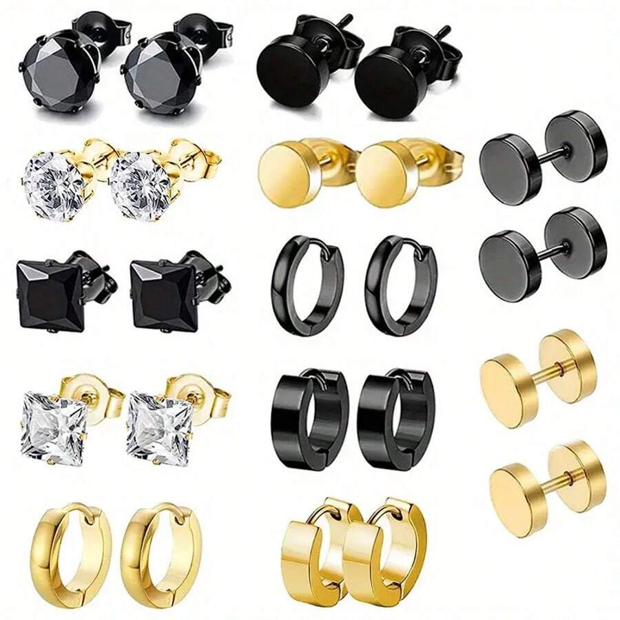 12 Cặp khuyên tai cơ bản bằng thép không gỉ, khuyên tai hình thanh tạ thời trang không gây dị ứng cho nam, khuyên tai Hip-Hop hợp thời trang - Hoa tai - Xem 1