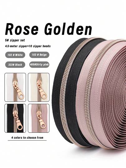 1 套 = 4.5 米拉链 + 10 个拉链头，5 号玫瑰金齿拉链，4 种颜色可选（白色、米色、黑色、暗粉色），包含玫瑰金拉链头，适用于包袋、背包、服装等