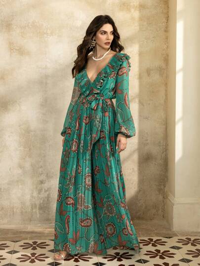 Faeriesty Faeriesty Printing ELegant Ruffle Trim Plunging Neck Lantern Sleeves Graphic Printed Chiffon Party Jumpsuit Pleated Jumpsuit