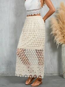 Saia Longa Boho de Crochê e Renda Feminina - Saia de Praia com Cintura Alta em Formato A, Design Vazado em Camadas, Saia Fluida de Verão para Férias, Casual, Festa - Damasco - Visão 9