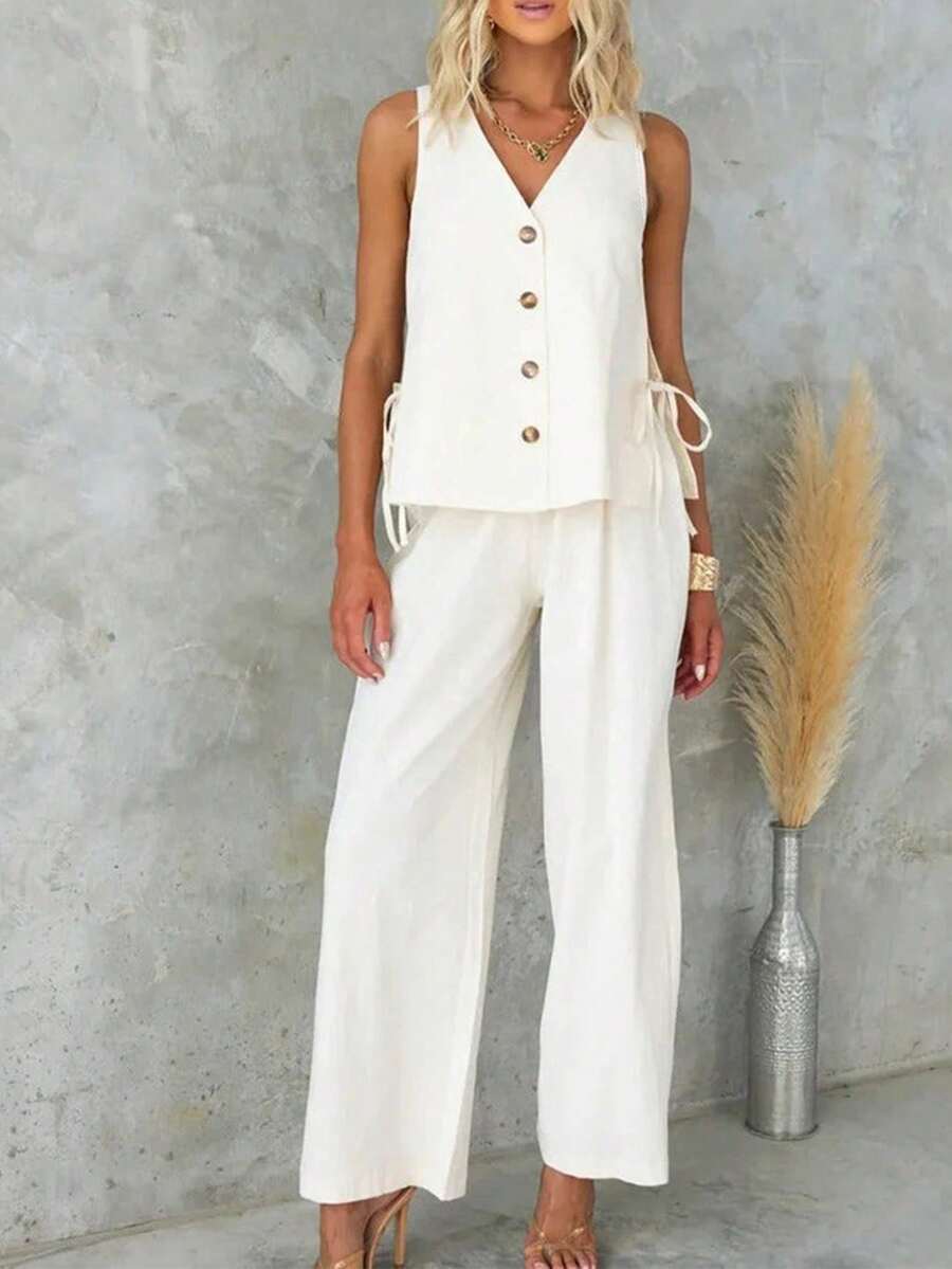 Women's Casual Solid Color Elastic Waist Straight Leg Pants - White - View 1