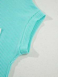 Light Blue Corded Knit Color Block Pocketed Crew Neck T Shirt Summer Tops - Baby Blue - View 7