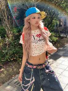 复古美式字母印花短袖T恤，性感修身短款圆领上衣 - 白色 - 查看 7