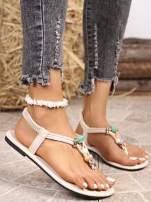1 Pair Women's Bohemian Colorful Beaded Flat Sandals, Summer Casual Beach Party Shoes