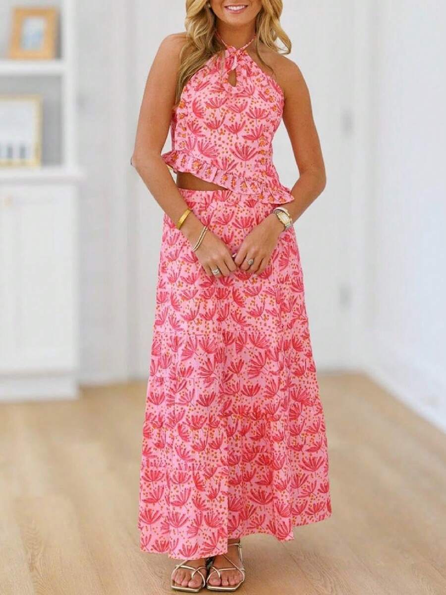 Womens 2 Piece Maxi Skirt Set Y2k Lace Up Halter Neck Tops And Flowy Long Skirt Summer Backless Beach Outfits - 粉色 - 查看 1