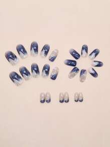 24 Pieces Of Medium Oval Fine Twinkle Star Moon French Sweet And Versatile Gentle Fake Fingernail Supplies Set Suitable For Girls To Wear Daily Work, 1 Nail File, A Jelly Glue