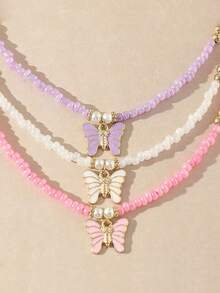 3pcs/Set Girls Cute Butterfly Pendant Beaded Necklace Set, Suitable For Daily Wear, Parties, Gatherings, Girls Fashion Jewelry Gift - Multicolor - View 3