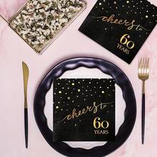 20pcs 3-Ply Birthday Party Napkins, 30th/40th/50th/60th/70th Golden Foil Text On Black Background, 5"X5" Cocktail Beverage Napkins For Birthday, Anniversary, Wedding Celebration