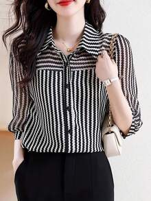 女式夏季休闲波浪条纹印花半透明衬衫 - 黑色 - 查看 4