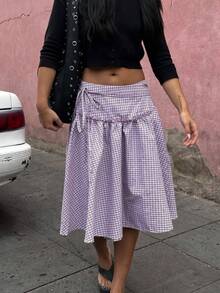 Women Plaid Bandaged Midi Skirt Y2K Gingham Low Rise Tie Waist A Line Maxi Skirt Vintage Checkered Pleated Swing Long Skirts Streetwear - 紫色 - 查看 1