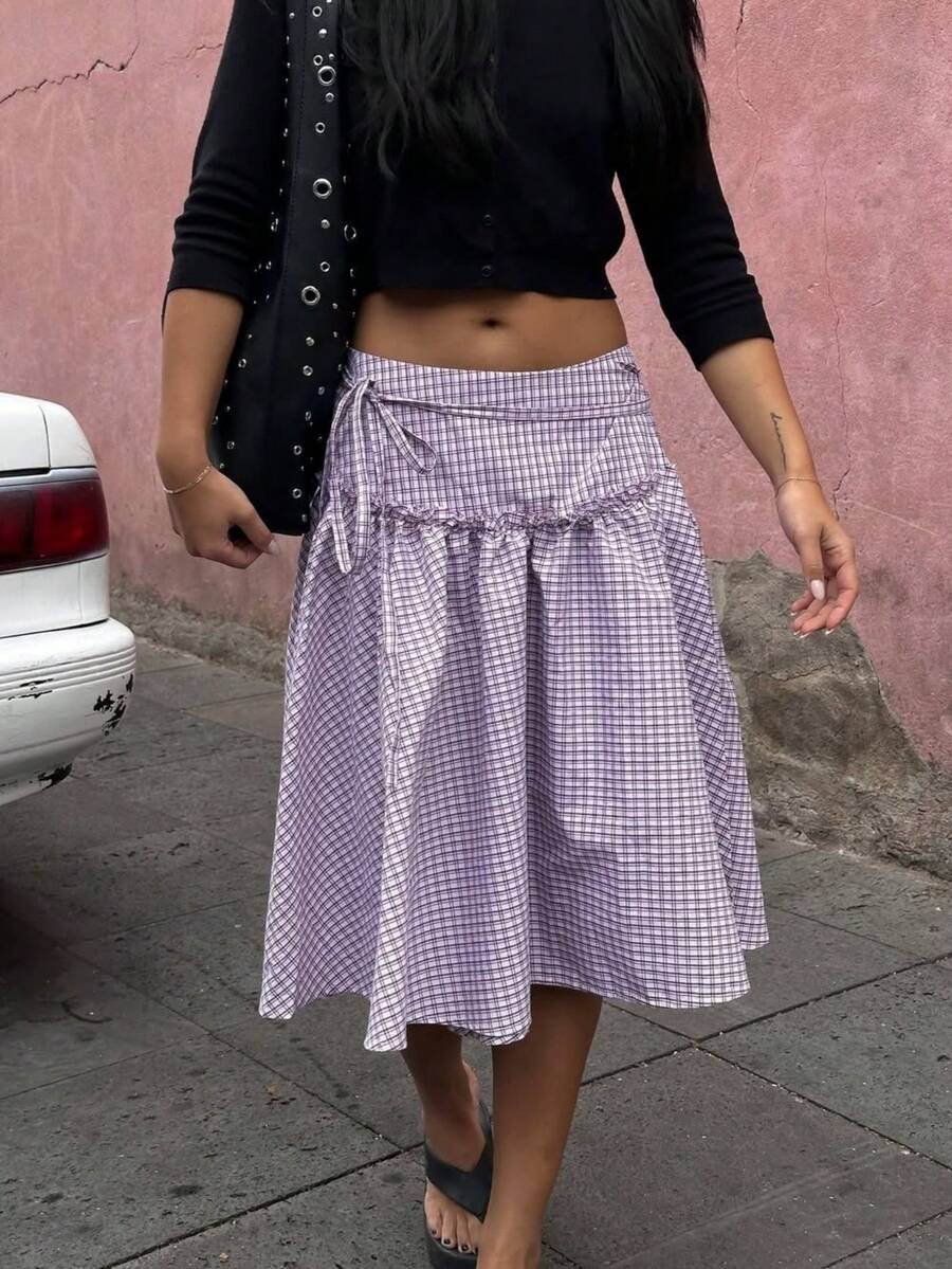 Women Plaid Bandaged Midi Skirt Y2K Gingham Low Rise Tie Waist A Line Maxi Skirt Vintage Checkered Pleated Swing Long Skirts Streetwear - 紫色 - 查看 1