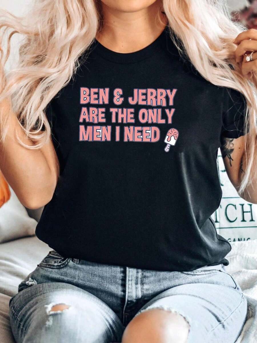 180g Pure Cotton BEN JERRY ARE THE ONLY MEN I NEED Black 4X Large Soft Versatile Designer Clothes Summer Homme Slightly Top For Everyday Wear Print Round Neck Short Sleeve Breathable For Women Casual Graphic Streetwear Comfortable Stylish Unisex Fashion Stretched - Black - View 1