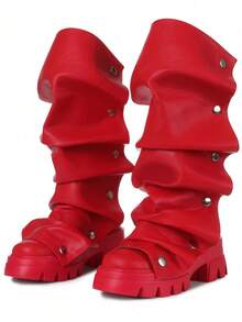 Women's Black Mid Calf Boots Slouchy Fold Over Boots Stacked Heel Pleated Ruched Pull On  Platform Shoes Motorcycle Nightclub Cosplay Shoes - 紅色 - 查看 4