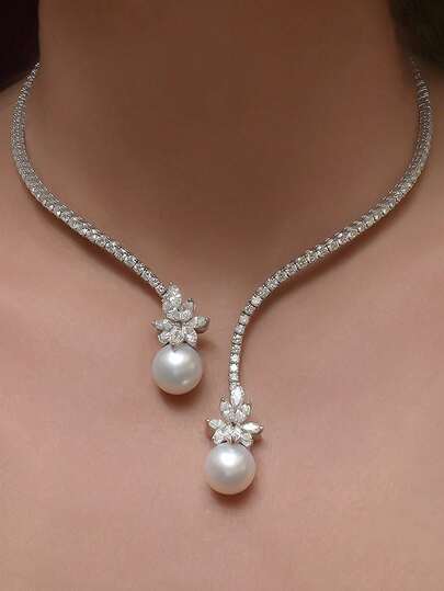 1pc Diamond Encrusted Necklace With Zirconia Leaf And Pearl Choker, Fashionable Luxurious Copper Gold Color Necklace Suitable For Women's Daily Wear, Applicable For Anniversary, Wedding, Party, Gathering And Special Occasions