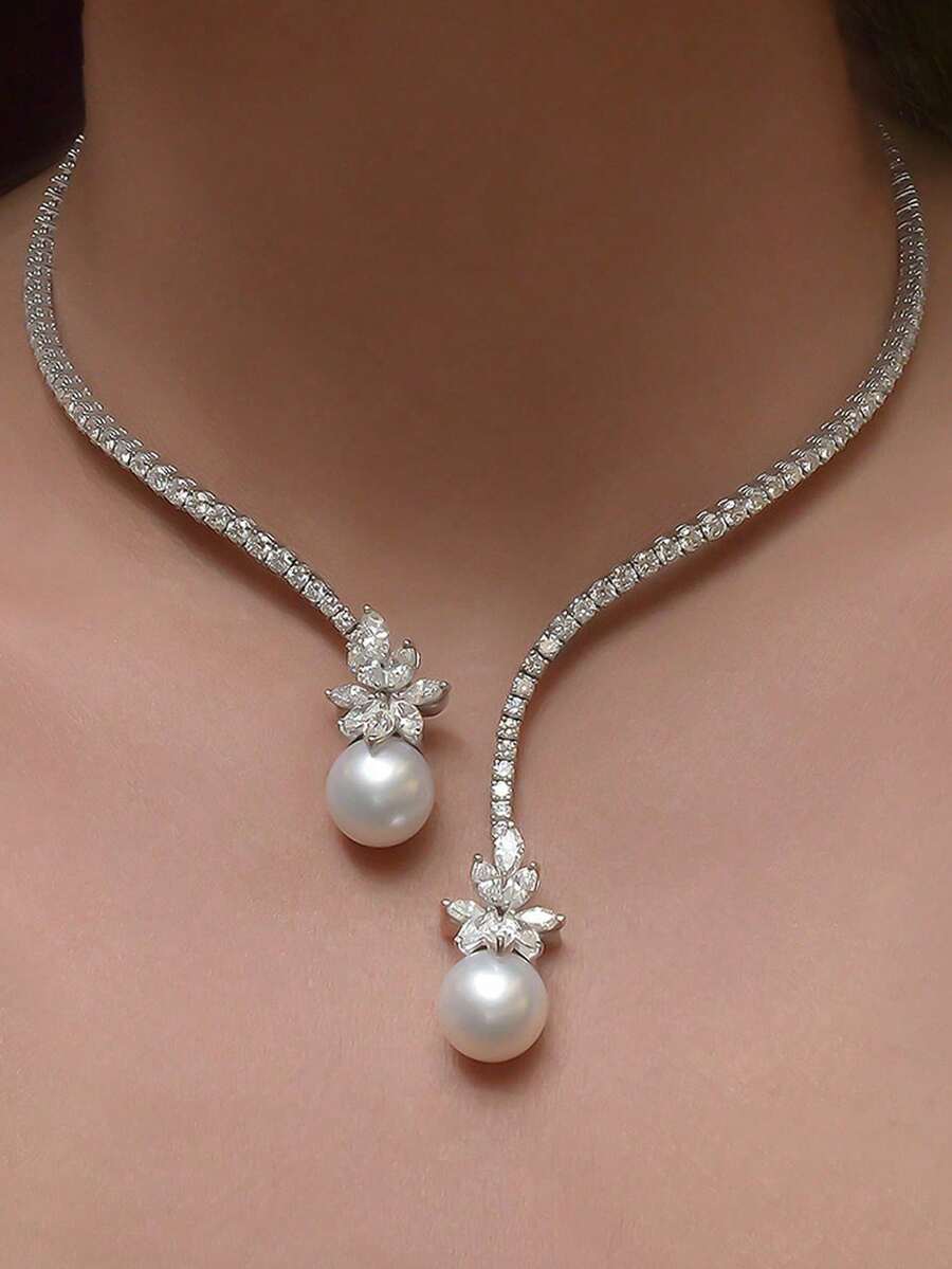 1pc Diamond Encrusted Necklace With Zirconia Leaf And Pearl Choker, Fashionable Luxurious Copper Gold Color Necklace Suitable For Women's Daily Wear, Applicable For Anniversary, Wedding, Party, Gathering And Special Occasions - Silver - View 1