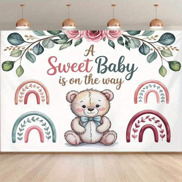 Süße Baby-Dusch-Hintergrundkulisse - Florale Bären & Regenbogen-Design mit "Süßes Baby kommt bald" Text - Innen-/Außendekor, Fotostudio-Requisite, Kinderzimmer-Deko, Mutterschafts-Ankündigung Geschenk, hochwertige zarte Farbdrucke