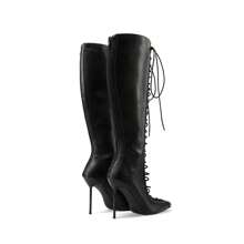 Lançamento Recente Botas de Salto Alto para Mulheres, Bico Fino Sexy Vazado Tiras Cruzadas Salto Super Alto Magro Moda Botas Longas