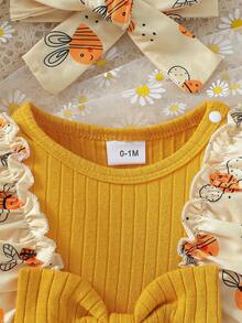 2件套女婴可爱休闲碎花荷叶边长袖连体衣和发带，春秋季