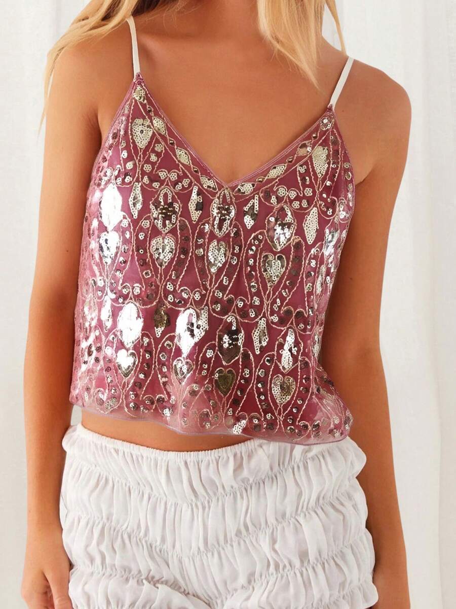 Women's Sequin Bead Cropped Camisole Spaghetti Strap V-Neck Slim Fit Tank Tops Streetwear - 粉色 - 查看 1