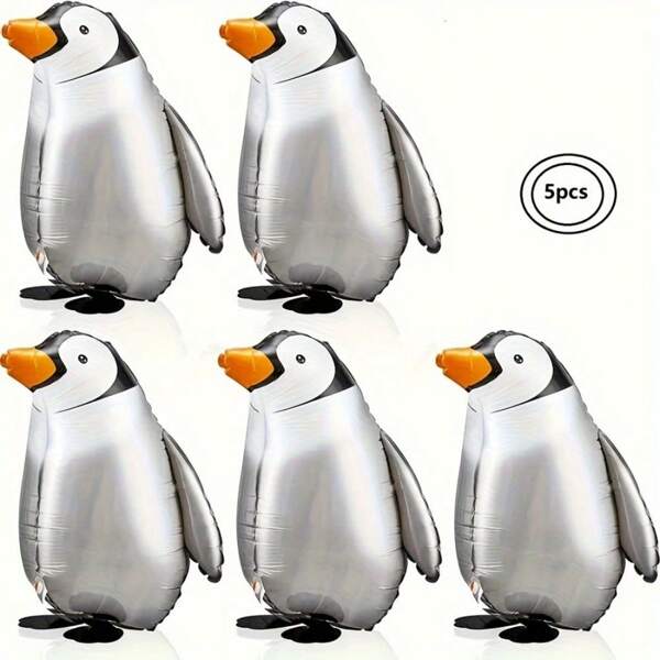 5pcs Cute Penguin Walking Helium Balloons With Ribbons, Suitable For Pet Party, Theme Party, Birthday Party, Outdoor Decoration, Zoo Events
