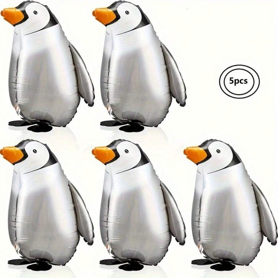 5pcs Cute Penguin Walking Helium Balloons With Ribbons, Suitable For Pet Party, Theme Party, Birthday Party, Outdoor Decoration, Zoo Events