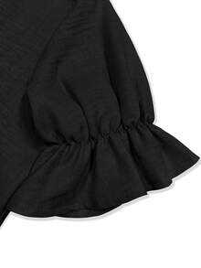 Bộ trang phục công sở thanh lịch 2 món cho nữ, áo khoác cardigan tay bồng ngắn màu đen có nút + quần dài màu trơn, xuân/hè - màu đen - Xem 3