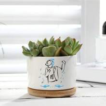 1pc DJ Ceramic Planter With Bamboo Tray (3.6"X2.6"), Succulent Planter, DJ Theme: Vinyl Record Turning, Musical Notes Flying, Headphones Playing Music, Planter Gift, Yard Decor, Desktop Decor