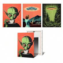 1pc /3PCS Wall Arts Posters Optinal Frame Pop UFO UFO Alien Drink Coffee Art Print Poster Cow Canvas Print Print Vintage Sci-Fi Wall Art Funny Home Decor