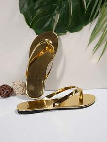 女士法式人字拖户外装，夏季新款甜美仙女风格百搭沙滩度假防滑软底沙滩拖鞋，适合约会、聚会、派对、休闲日 - 金色 - 查看 7