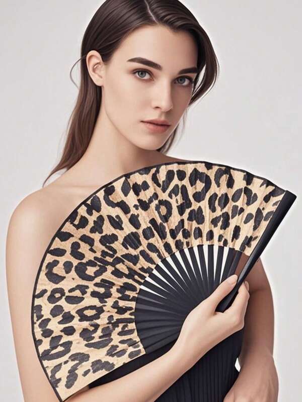 Elegante abanico plegable con estampado de leopardo y marco negro - con tema de princesa a la moda, ligero y portátil para damas - Abanico con tema de princesa - Abanico ligero