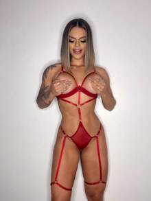 Super Power Bodysuit Feminine Sensual Lingerie Tulle With Garters And Sexy Rings - 紅色 - 查看 3