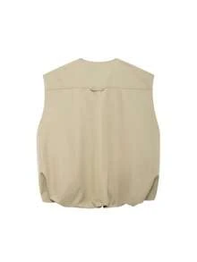 女士圆领无袖背心 时尚百搭双拉链背心 高街褶裥下摆宽松休闲背心 夏季 - 卡其色 - 查看 2