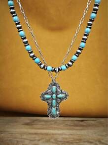 1 pezzo Collana con pendente a forma di croce intarsiato in turchese, ispirato allo stile , unisex